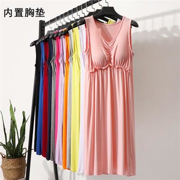夏莫代爾連衣裙帶胸墊睡裙女大碼薄款無袖打底寬松v領吊帶背心裙