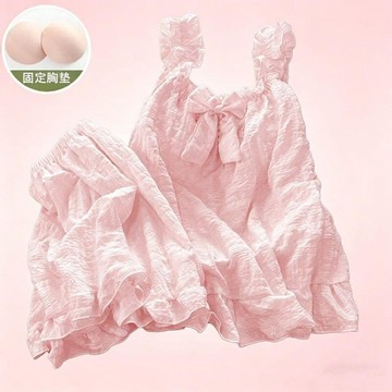 【臺灣出貨】蝴蝶結帶胸墊睡衣女 夏季荷葉邊可愛甜美公主風居家服 薄款少女外穿家居服兩件套