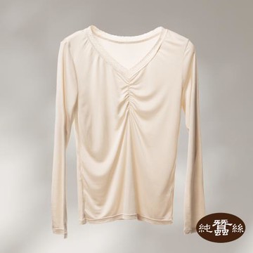 【岱妮蠶絲】純蠶絲42針110G女V領蕾絲胸前抓皺長袖衛生衣-膚色(MWC6A302)