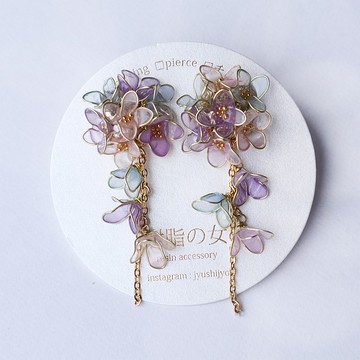 垂墜 樹脂花朵耳環 耳夾 | 透明紫