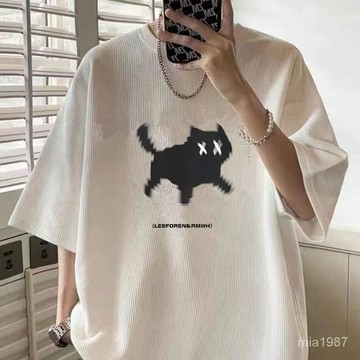 220g短袖T恤男款夏季ins潮牌華夫格寬鬆潮流百搭大碼2023新款上衣 4UYR