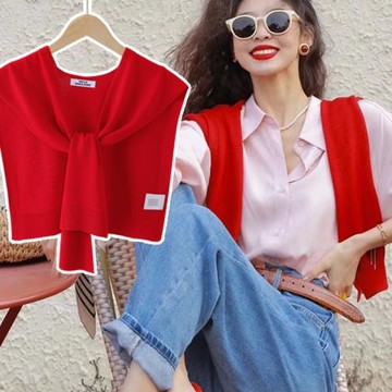 針織小披肩女過年大紅色春秋冬季護頸外搭肩坎肩毛衣襯衫網紅圍巾