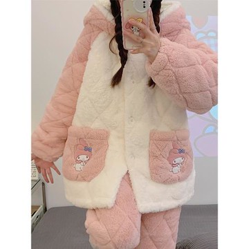 睡衣女款珊瑚絨加厚加絨冬天三層夾棉襖冬季法蘭絨可愛保暖家居服