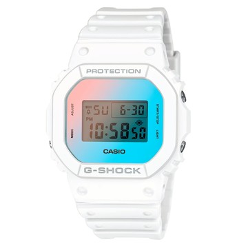【CASIO 卡西歐】G-SHOCK 反射錶面 夏日海灘耀藍漸變 百搭白 經典方型 DW-5600TL-7_42.8mm