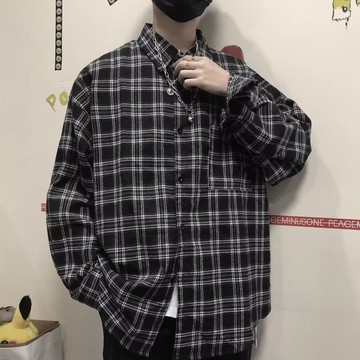 春夏新款長袖格子襯衫男  韓版寬鬆寸襯百搭潮流襯衫薄外套