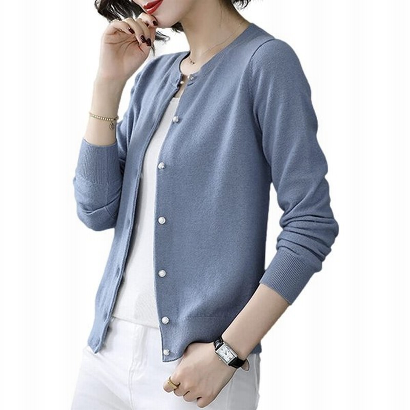 クルーネック カーディガン きれいめ カジュアル 長袖 パール 風 ボタン セーター ニット ジャケット 羽織 Uネック 通販 Lineポイント最大get Lineショッピング