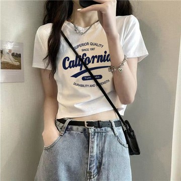 S-2XL 短袖t恤 短袖上衣 短版上衣 字母純棉短袖T恤女夏季新款寬鬆短款字母上衣小衫打底衫