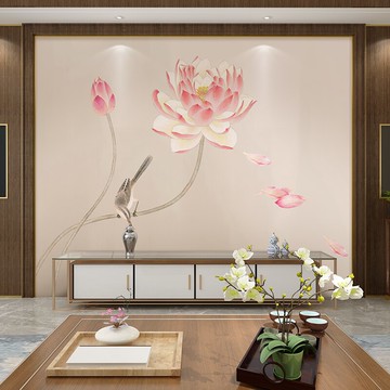 定制荷花墻紙壁畫新中式禪意壁紙客廳電視背景墻書房茶室蓮花墻布