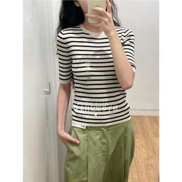 百搭圓領羅紋針織衫顯瘦條紋針織五分袖短袖女472272