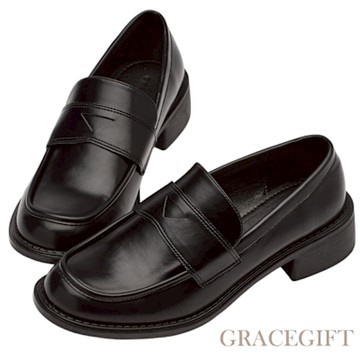 【Grace Gift】美式校園粗跟便仕樂福鞋 黑