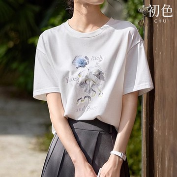 初色 寬鬆花卉印花圓領短袖T恤上衣女上-白色-35364(M-2XL可選/現貨+預購)