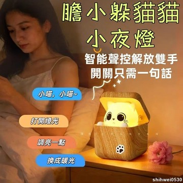 🐱開口變亮💡膽小躲喵喵小夜燈 臥室床頭護眼燈 可愛貓貓方塊燈 語音開關 創意夜燈 暖光夜燈 柔光護眼燈 互送朋友禮物