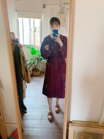 紫紅小莓果釦小狗月亮手工印花多穿洋裝/罩衫