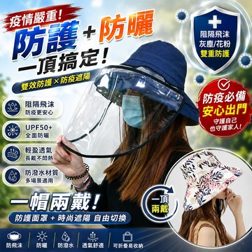 極致防護組｜雙面戴大帽檐遮陽帽×防飛沫透明防護面罩(KD-0868/KD-8102)