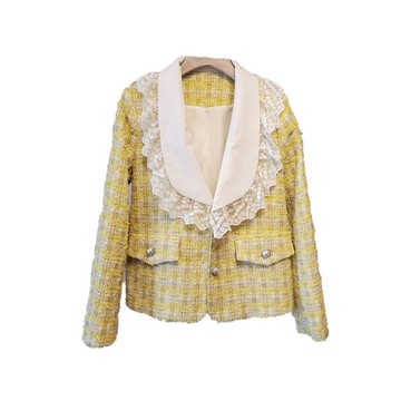 毛呢外套短版大衣-蕾絲拼接翻領粗花呢女外套2色73zg14【獨家進口】【米蘭精品】