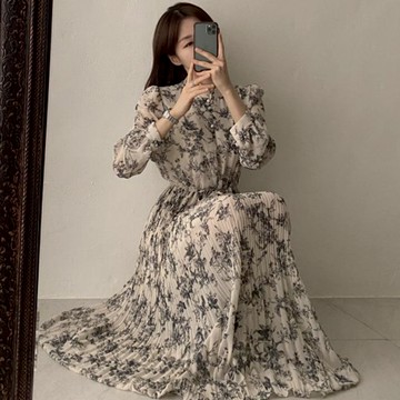 【白鳥麗子】連身裙 氣質印花綁帶收腰雪紡百摺長袖洋裝 店長推薦