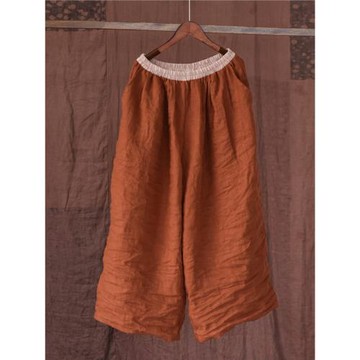 4063原創闊腿褲撞色松緊腰頭中式百搭亞麻休閑褲復古寬松簡約長褲