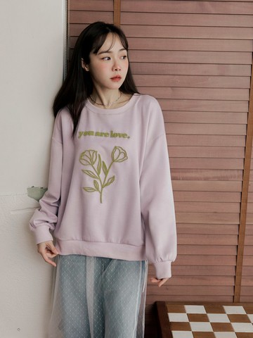 太空棉撞色毛織花朵寬鬆大學T