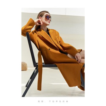 Amii冬新款配腰帶長款全羊毛雙面毛呢翻領高開衩外套女