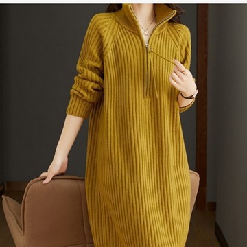 [米蘭精品] 連身裙針織洋裝-長袖立領半拉鍊坑條膝上女裙子5色74ik71