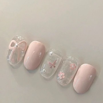 🎀台灣出貨🎀純手工穿戴甲溫柔蝴蝶結美甲花花ins美甲甜妹粉色蝴蝶光療甲