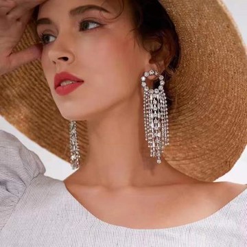 歐美網紅925銀針水鉆流蘇女氣質歐美夸張個性鋯石閃鉆長款耳環