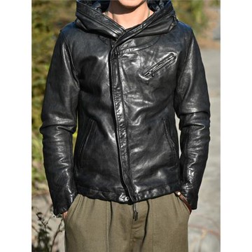 小眾男裝暗黑風水洗做皺連帽無涂水染頭層綿羊皮夾克修身真皮皮衣