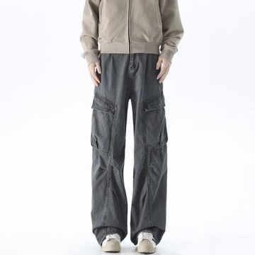 美式復古寬松多口袋工裝褲男女高街cleanfit直筒褶皺闊腿長褲男生