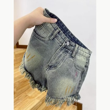 💕甜心大尺碼💕M-5XL 牛仔短褲女 個性塗鴉大尺碼短褲夏高腰顯瘦寬鬆闊腿a字彩繪毛邊流蘇短褲