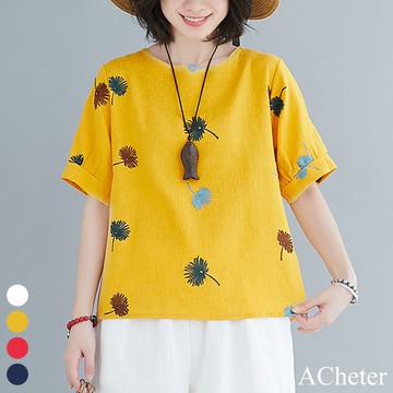 【ACheter】杏花紛飛印花自然棉麻寬鬆上衣# 108917(現貨+預購)