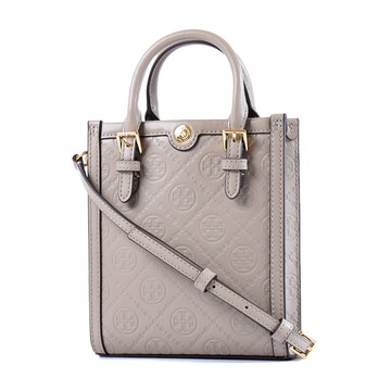 TORY BURCH 專櫃款 T MONOGRAM 壓花皮革手提/斜背小方包-泥灰