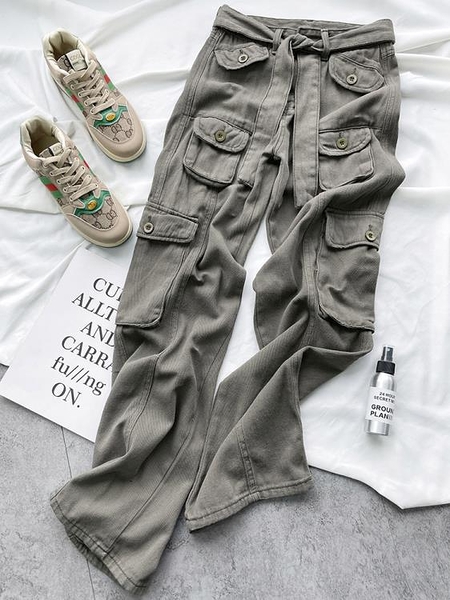 BeautifulGirl正韓女裝美式復古工裝牛仔褲女夏季2023新款多口袋設計高腰直筒寬松闊腿褲