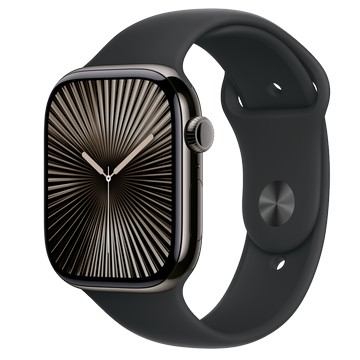 Apple Watch Series 10 (GPS + 行動網路)；46 公釐石瓦色鈦金屬錶殼；黑色運動型錶帶 - M/L
