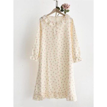 甜美小碎花長袖睡裙女士春秋夏季純棉紗布雙層薄款寬松家居服睡衣