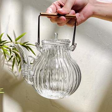 日式復古風條紋玻璃茶壺提梁壺煮泡茶具耐高溫透明功夫茶具燒水壺