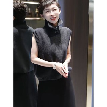 小眾設計感半開襟立領針織馬甲女別致獨特上衣慵懶風無袖坎肩背心