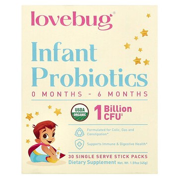 LoveBug Probiotics, 嬰兒益生菌，0-6 個月，10 億 CFU，30 個獨立包裝，每包 0.05 盎司（1.5 克）