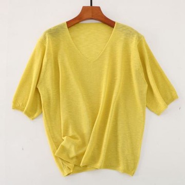 夏季新款100麻v領寬松休閑簡約純色百搭顯瘦針織衫短袖女