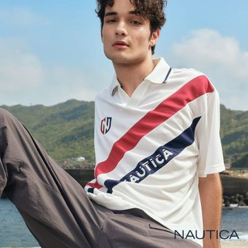 Nautica 官方旗艦 男裝 世足限定系列V領雙色斜帶短袖Polo衫-白色