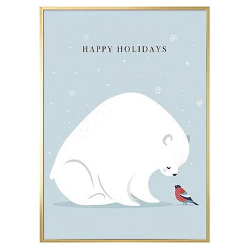 Boluo 波蘿選畫所 冬天第一場雪 Happy Holidays 白熊小鳥壁畫  59.4 x 42cm  金色