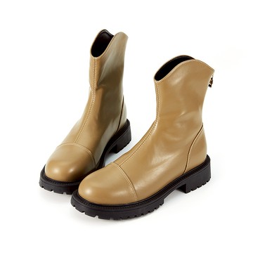 零碼個性V口後拉鍊圓頭中筒厚底靴 墨綠色