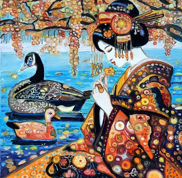 原畫 The Geisha with ducks 繪畫 原創藝術 油畫 布面油畫