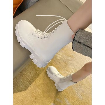 馬丁靴女2024秋季單靴薄款厚底增高系帶短靴百搭復古中筒機車靴子