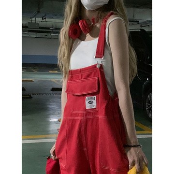 背帶褲女寬松小個子美式復古顯瘦紅色洋氣高腰直筒闊腿吊帶褲韓版新款【聚寶屋】