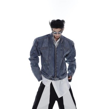 CulturE小眾復古水洗墊肩短款牛仔外套立體解構設計夾克機車服男