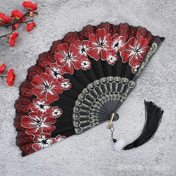 🎇可開發票✨黑底繁花中國風扇子古風旂袍扇舞蹈扇網紅扇塑料扇廣場女士折扇#免運