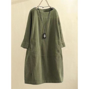 燈芯絨連衣裙大碼胖MM女裝2024早秋新款圓領長袖寬松遮肉顯瘦長裙