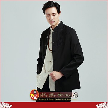 現貨快速出貨｜優質男士唐裝長袖外套黑色復古中國風中山裝精緻繡龍男裝漢服｜水水女人國
