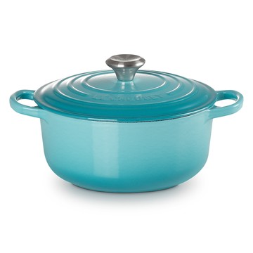LE CREUSET -典藏琺瑯鑄鐵鍋圓鍋 20cm (加勒比海藍-鋼頭-內鍋白)