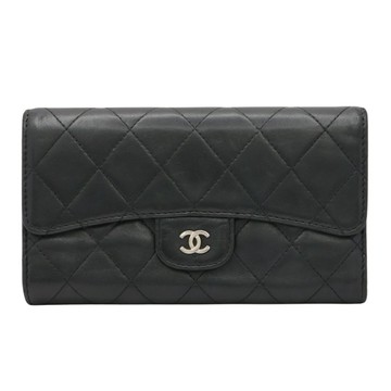 CHANEL 香奈兒 釦式 三折長夾 黑色 羊皮 銀釦 【二手名牌BRAND OFF】